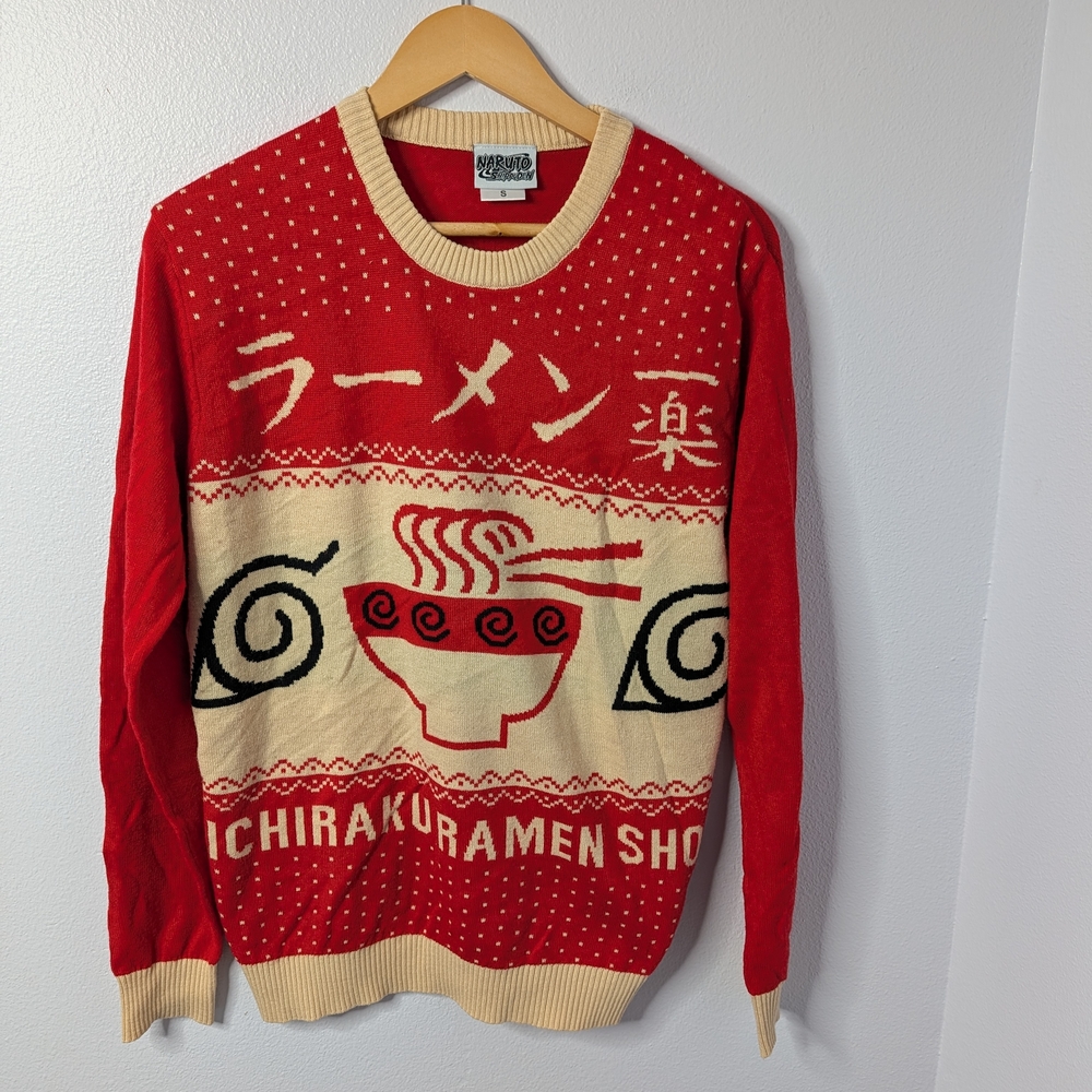 Naruto Shippuden Ichiraku Ramen Sweater | Size‎ Small | Red & Cream Knit